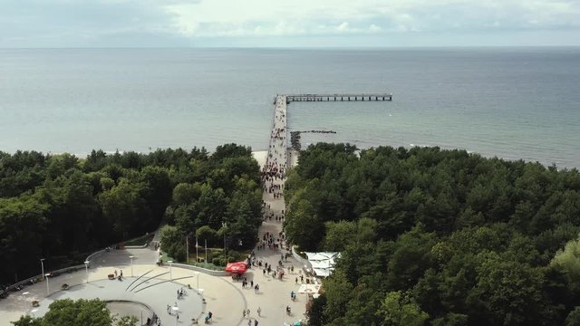 PALANGA, LITHUANIA - JULY, 2019: Aerial panorama view of the most popular street and bridge of Palanga with sea views.