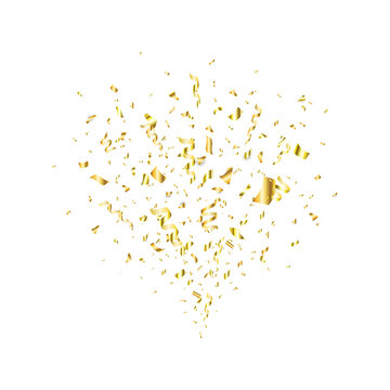 Golden confetti flying on white background. Party gold confetti, serpentine. Confetti explosion. Bright festive tinsel. Holiday design elements. Vector illustration