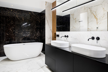 Luxury bathroom with marble walls and floor