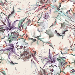 Watercolor Seamless Pattern of Bouquet with Campanula Flowers.