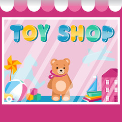 Toys Shop Concept. Teddy Bear In The Showcase Of Toys Store. Modern Shop With Many Elements For Child Joy. Facade of Toy Store With Big Window And Funny Toy Animal. Cartoon Flat Vector Illustration