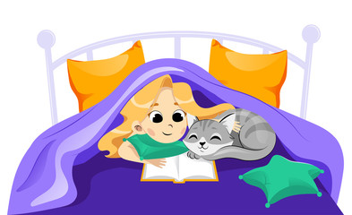 Animal Shelter, Animal Adoption, Care, Friendship Concept. Happy Little Girl Child With Cat Under The Blanket Are Reading. Children Friendship And Care Of Animal. Cartoon Flat Vector illustration