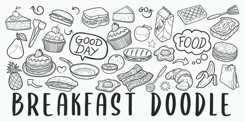Breakfast Food Doodle Line Art Illustration. Hand Drawn Vector Clip Art. Banner Set Logos.