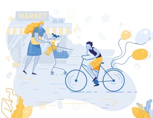 Happy Family of Young Mother Pushing Trolley with Goods and Little Daughter Leaving Market Place after Shopping. Woman and Girl Spend Time Together Purchasing Things. Cartoon Flat Vector Illustration
