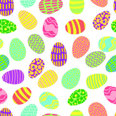 Happy Easter stock vector illustration. Funny colored eggs on white seamless pattern. Endless spring ellipse ornament for wallpaper, wrapping, invitavion and textile. Square endless childish texture.