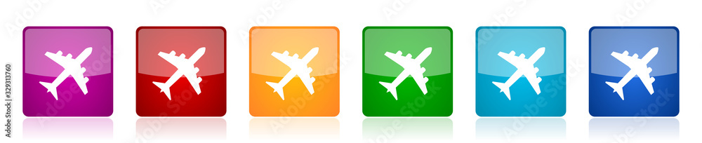 Aufkleber flight icon set, plane, aircraf colorful square glossy vector illustrations in 6 options for web des