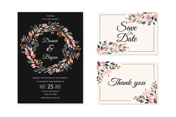wedding invitation card with watercolor leaves background