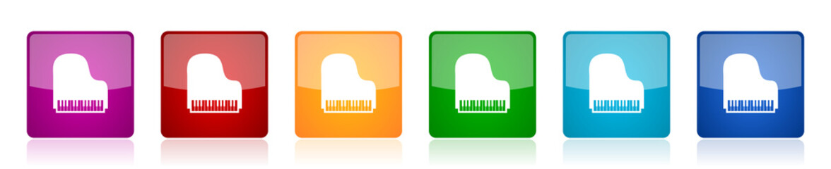 Piano icon set, music colorful square glossy vector illustrations in 6 options for web design and mobile applications