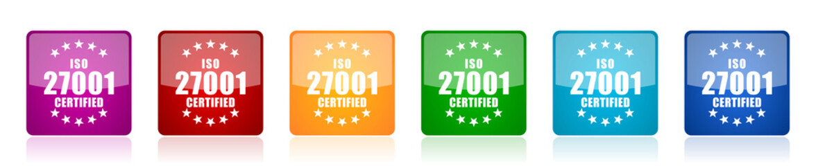Iso 27001 icon set, colorful square glossy vector illustrations in 6 options for web design and mobile applications