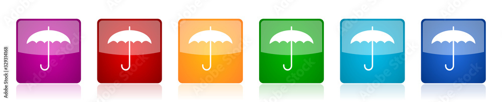 Aufkleber Umbrella icon set, colorful square glossy vector illustrations in 6 options for web design and mobile applications