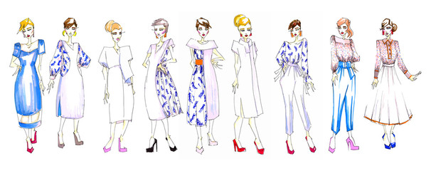 hand drawn sketches of a collection of fashionable women’s office clothes in casual style SET. Fashion hand drawn illustration woman clothing industry. Fashion design sketch concept clothing 