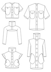 technical sketches of futuristic models of jackets, coats, boleros and trench coats with large pockets and a designer collar