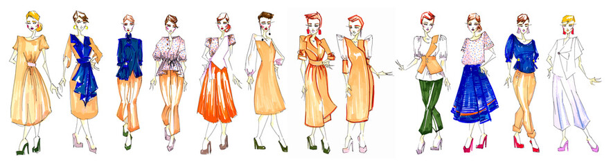 hand drawn sketches of a collection of fashionable women’s office clothes in casual style