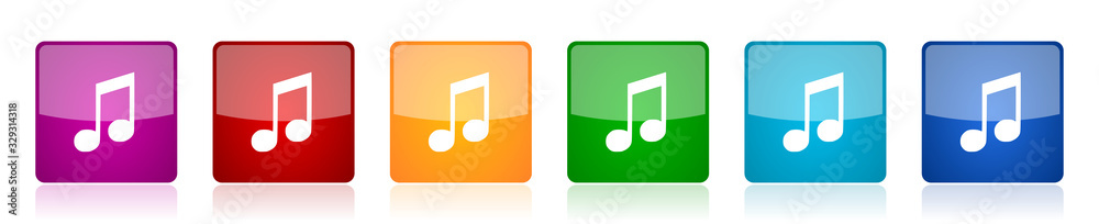 Aufkleber Music icon set, colorful square glossy vector illustrations in 6 options for web design and mobile applications
