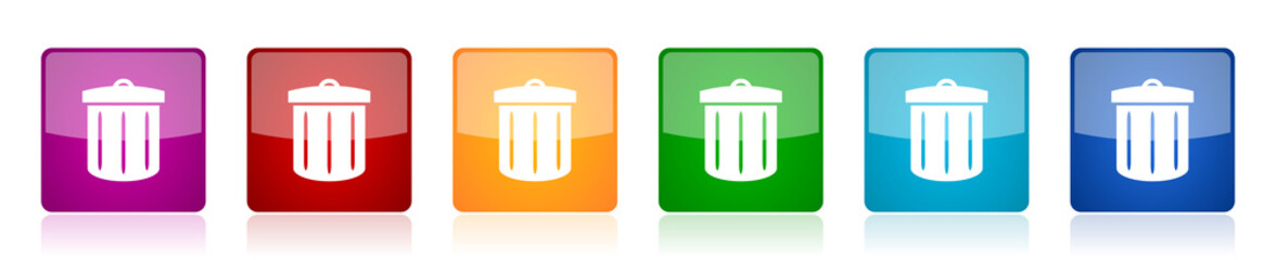 Recycle icon set, colorful square glossy vector illustrations in 6 options for web design and mobile applications