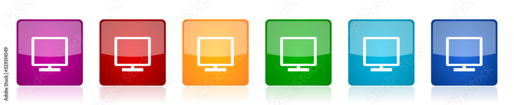 Aufkleber tv icon set, colorful square glossy vector illustrations in 6 options for web design and mobile appl