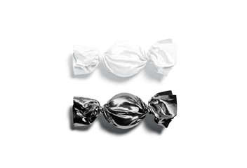Blank black and white hard candy foil wrapper mockup, isolated