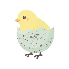 Happy easter set illustrution with a funny yellow chick in eggshell. Vector illustration