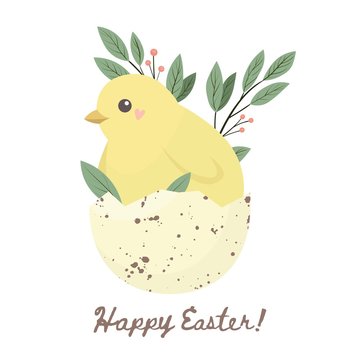 Happy easter set illustrution with a funny yellow chick in eggshell. Vector illustration