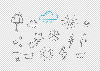 Vector hand drawn doodle style forecast elements isolated on transparent background. Vector elements for design