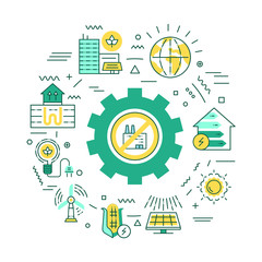 Alternative energy resources web banner. Green city. Environment protect. Infographics with linear icons on background. Creative idea concept. Isolated outline color illustration