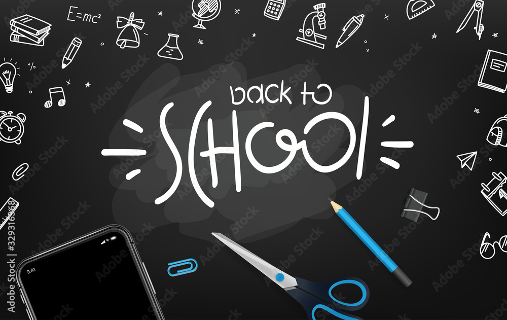 Poster school chalkboard with different objects and lettering logo. welcome back to school vector card