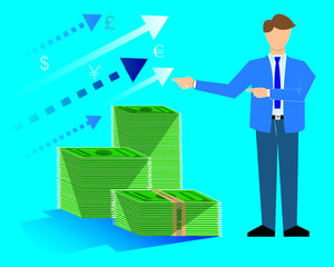 money analysis report flat banner template. Businessman showing statistical money data and report.