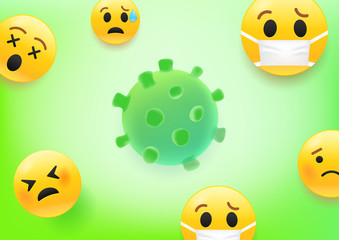 Beware of virus concept. 3d vector illustraction of virus and emoji