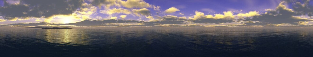 Fototapeta na wymiar Beautiful panoramic sunset at sea, ocean landscape at sunrise, 3D rendering
