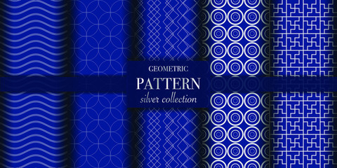 Set of 5 silver luxury geometric pattern background texture. Abstract line, dot retro style vector illustration for wallpaper, flyer, cover, design template. Repeat circle ornament, backdrop element