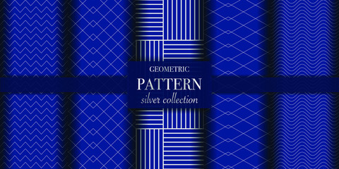 Set of 5 silver luxury geometric pattern background texture. Abstract line, dot retro style vector illustration for wallpaper, flyer, cover, design template. Repeat circle ornament, backdrop element