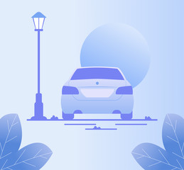 Car Driving Along City Street at Night Romantic Scene. Cartoon Moon, Lantern and Plants Foliage Flat Design. Romantic Auto Trip or Dating. Vector Urban Illustration with Gradient Backdrop