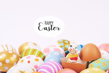 Happy easter handmade eggs colored painted various pattern with cute bunny  and space text