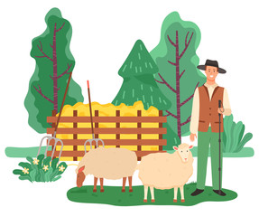Farming male character, shepherd with sheep in farm. Personage holding wooden stick caring for animals. Landscape with trees and greenery, fence and dry grass for livestock. Vector in flat style