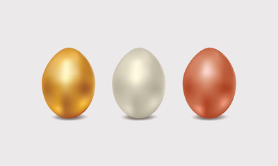 Set of realistic 3d Easter Eggs made of Precious Metals, Gold, Silver, Copper isolated on white background. Vector Elegant Luxury easter Eggs
