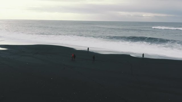 Aerial drone view of company of friends walking on volcanic black sand beach in Iceland and having fun at sunset. People on ocean beach