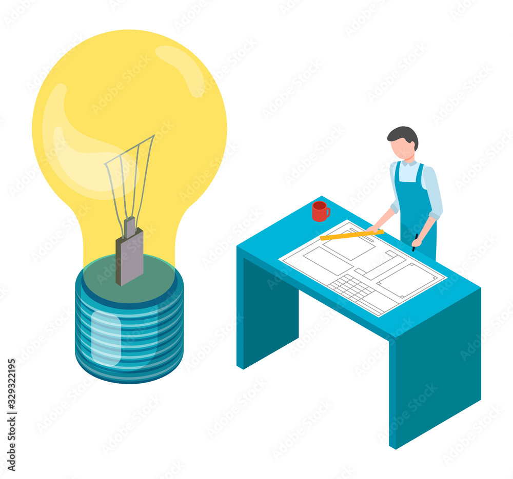 Wall mural man stand by table and work on mockup of mobile application or machinery. architect or designer work