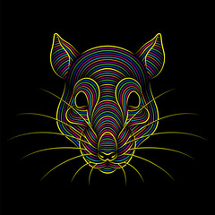 Engraving of stylized psychedelic rat portrait on black background. Line art. Stencil art. Metal rat.