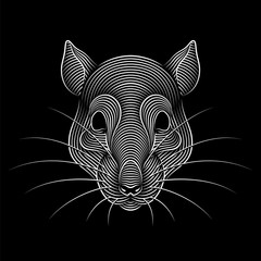Engraving of stylized rat portrait on black background. Line art. Stencil art. Metal rat.