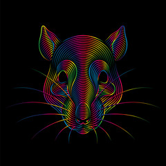 Engraving of stylized psychedelic rat portrait on black background. Line art. Stencil art. Spectrum colors. Metal rat.