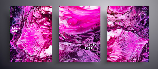 Abstract liquid placard, fluid art vector texture collection. Beautiful background that can be used for design cover, poster, brochure and etc. Purple, black and white unusual creative template