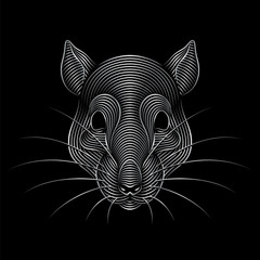 Engraving of stylized silver rat portrait on black background. Line art. Stencil art. Metal rat.
