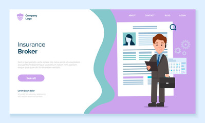 Website of company that provides brokerage services. Man in suit stand with documents. Agent carry out mediation between insurer and insurance market. Vector illustration of web page in flat style