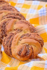 Babka. Swirl Bread with Chocolate, Walnut and Cinnamon. Homemade sweet braided bread dessert pastry.