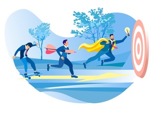 Business People Moving by Yellow Arrow to Common Target. Men Working Process for Reach Aim and Success. Creative Metaphor. Superman, Man on Skateboard, Guy with Dart, Cartoon Flat Vector Illustration