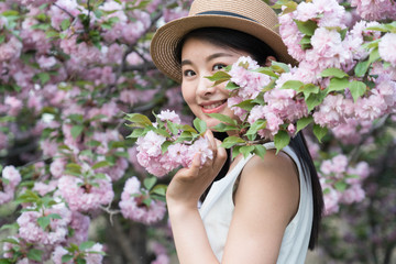 Fototapeta premium beautiful girl and cherry blossom