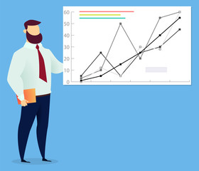 Worker male standing near growth graph presentation best service. Employee in suit presenting rising chart icon isolated on blue. Professional conference of manager character showing document vector