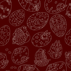 Seamless pattern vector hand drawn Easter painted beautiful eggs white stroke, rabbits and chickens on a red background. Colorful background for easter festival, banners, posters, cards, wallpapers.