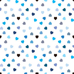 Seamless pattern with cute black and light and dark blue hearts on white background. Vector image.