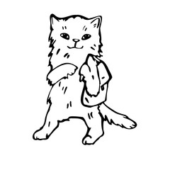 Cute cat with a backpack on one shoulder. Monochrome vector illustration in line art style.Isolated on a white background.